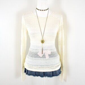 Y2K BCBGMaxAzria Cream White Sheer Mesh Striped Lace Fitted Long Sleeve Top Sz S
